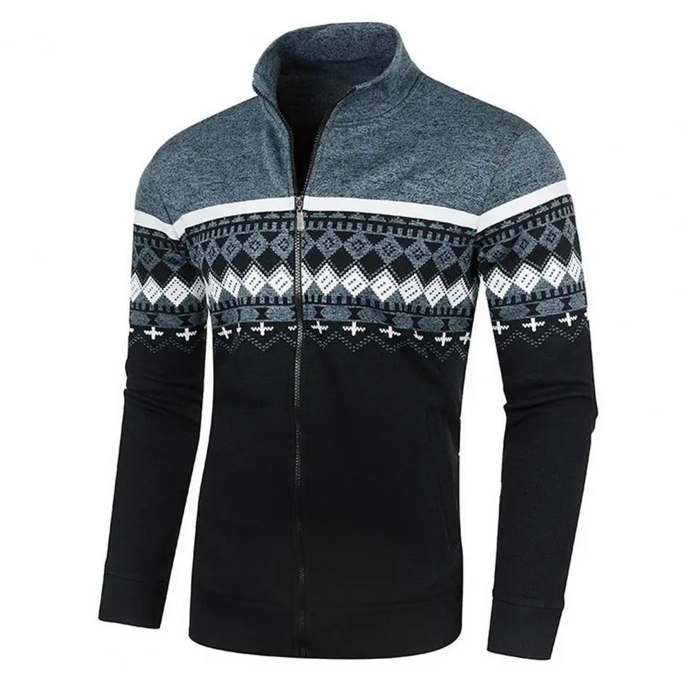 

Men Polyester Sweater Stylish Men's Retro Print Cardigan Slim Fit Stand Collar Sweater for Fall Winter Spring Basic Men Coat