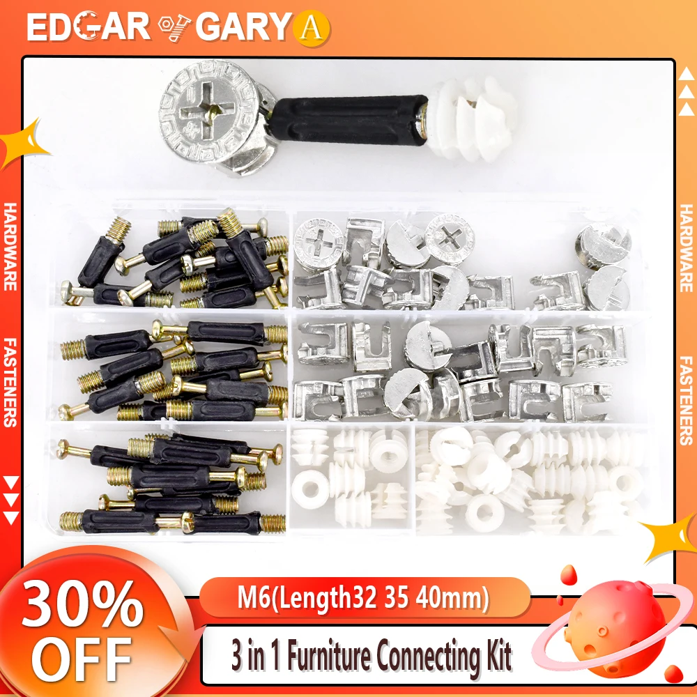 M6 Length 32 35 40mm 90pcs/set Eccentric Wheel Nut 3 in 1 Furniture Connecting Kit ConnectorBolt clothes cabine desk link fixer