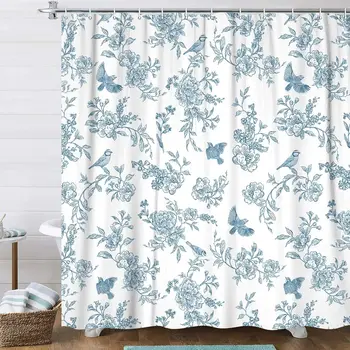 Blue Floral Shower Curtain Set – Cottagecore Vintage Botanical Birds Design 1