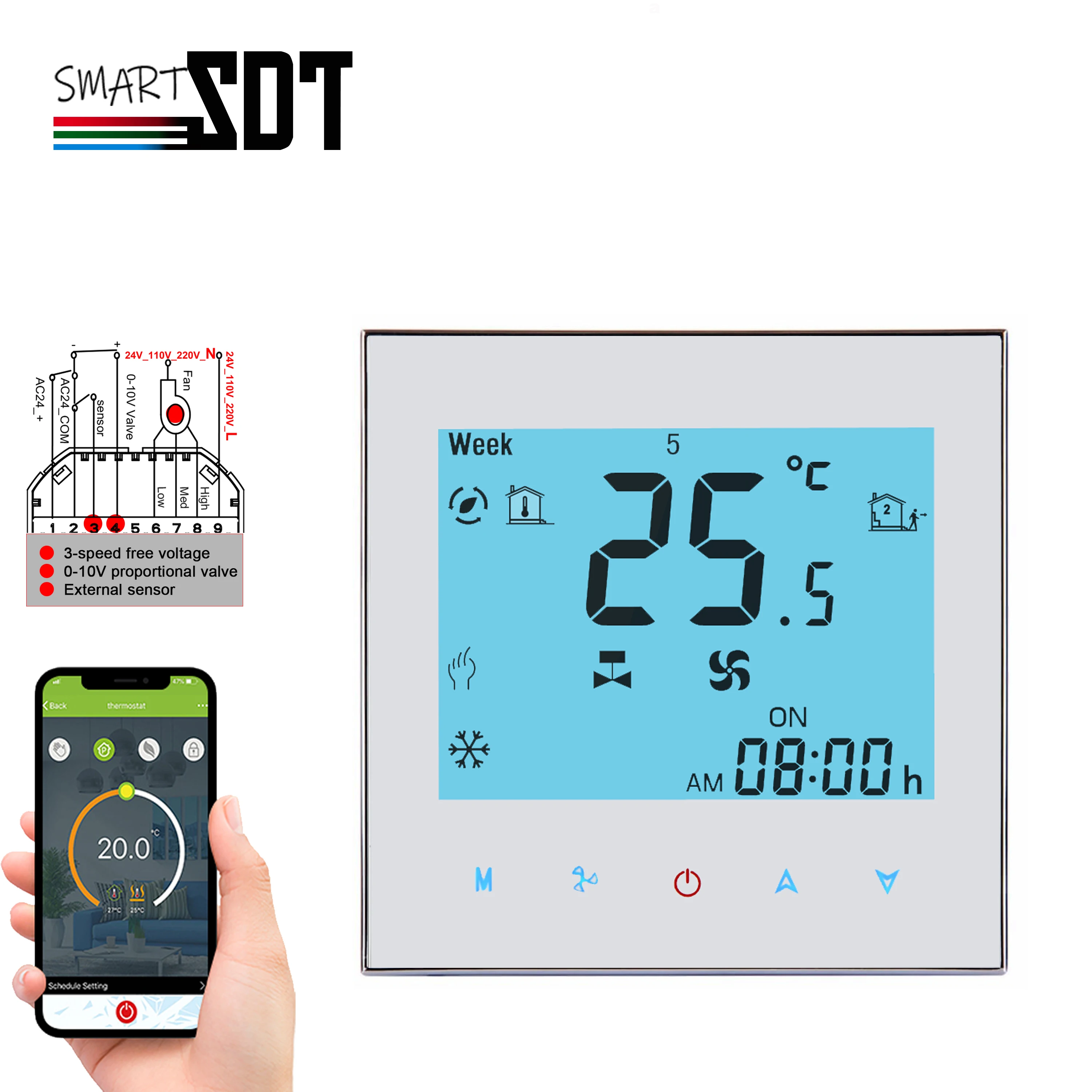 

24V Dry Contact Fan Thermostat 0-10V Valve For Dual Sensors Working WIFI/RS485&MODBUS to Adjust Cooling Heat of Air Conditioning