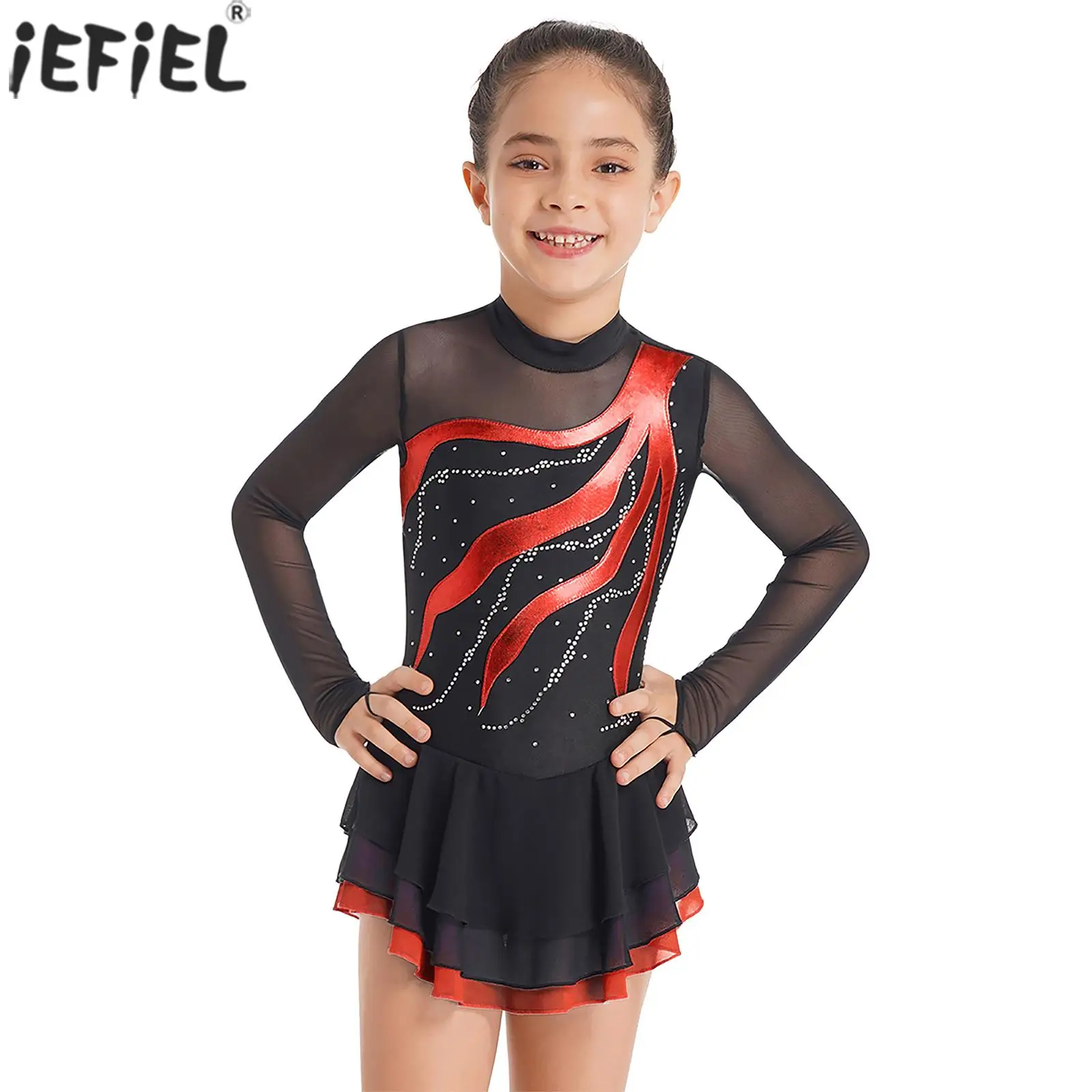 

Figure Skating Dress Kids Girls Ballet Gymnastics Leotard Long Sleeve Rhinestone Lyrical Dance Performance Competition Costume