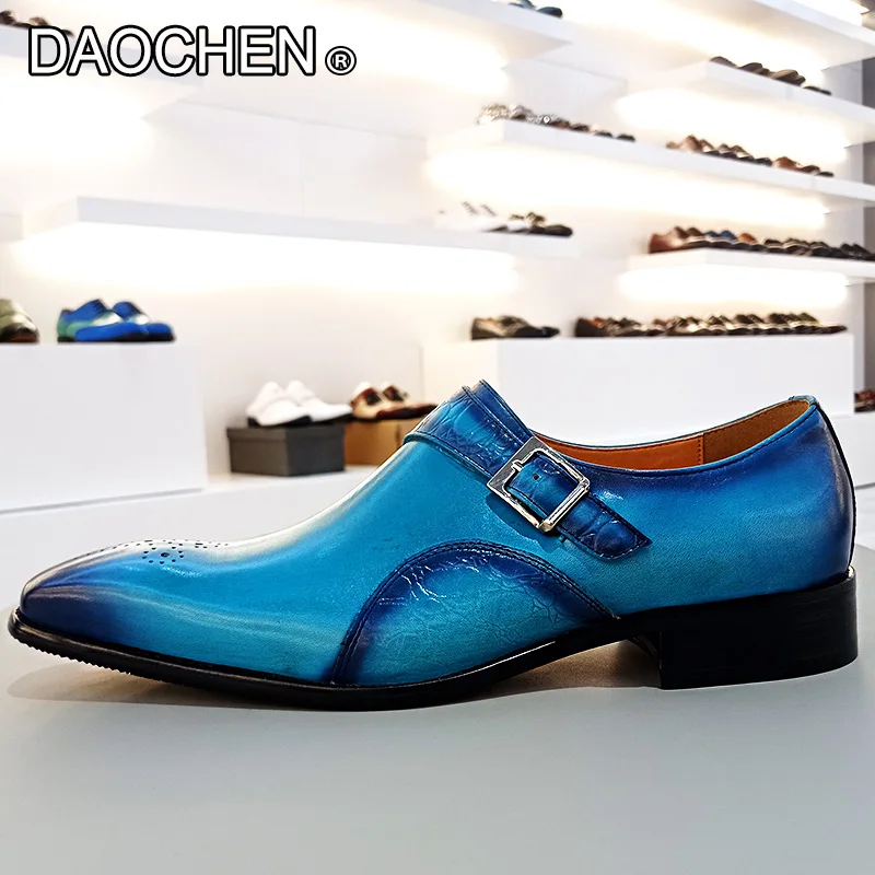 LUXURY BRAND MEN GENUINE LEATHER SHOES BLUE BUCKLE STRAP LOAFERS CASUAL DRESS MEN SHOES WEDDING PARTY MONK SHOES FOR MEN