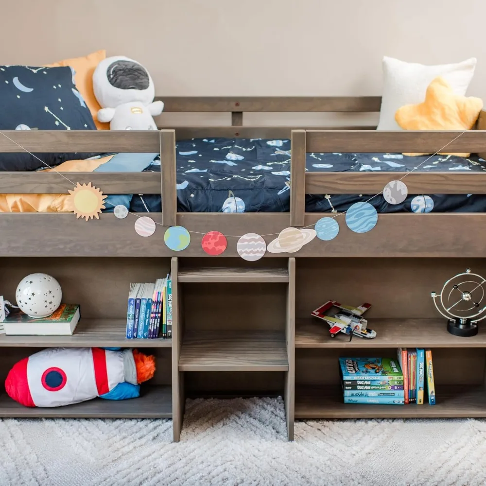 Modern Farmhouse Low Loft Bed, Twin Bed Frame for Kids with 2 Bookcases, Driftwood  Wooden Bed Bunk Beds for Kids 5