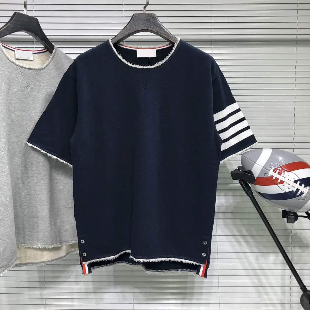 

TB Summer New Men's T-shirt Luxury Brand Solid Color Stripe Short Sleeve Casual Fashion High Quality O-Neck Cotton T-Shirt