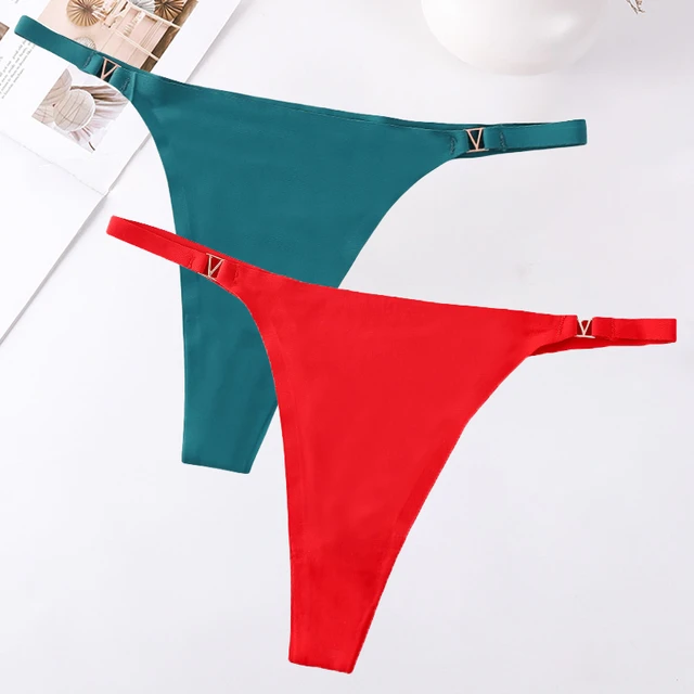 2Pcs Womens Solid Ice Silk Sexy Thong Nude V Buckle Pure Desire Lingerie  Cotton Crotch Seamless