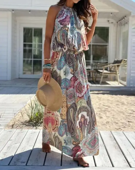 

Summer Fashion High Waist Casual Round Neck Sleeveless A-Line Skirt Loose Print Dress