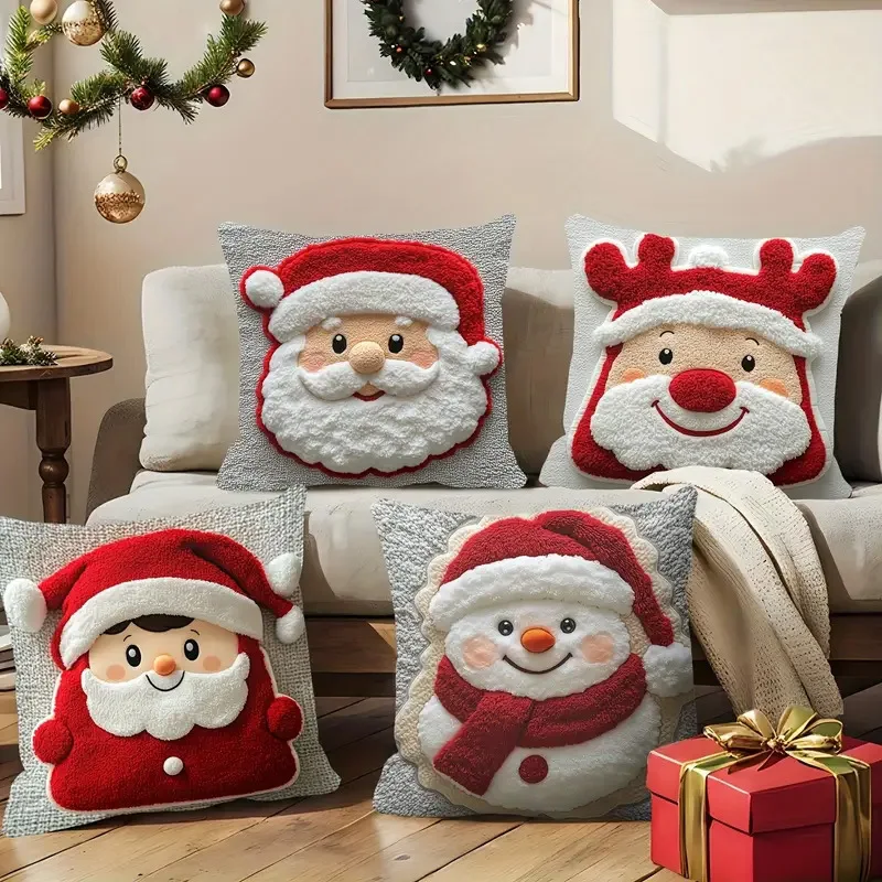 2D Printed Christmas Cushion Cover Santa And Elk Soft Plush PillowCase Cute Decorative Pillow Cover Christmas Party decorative
