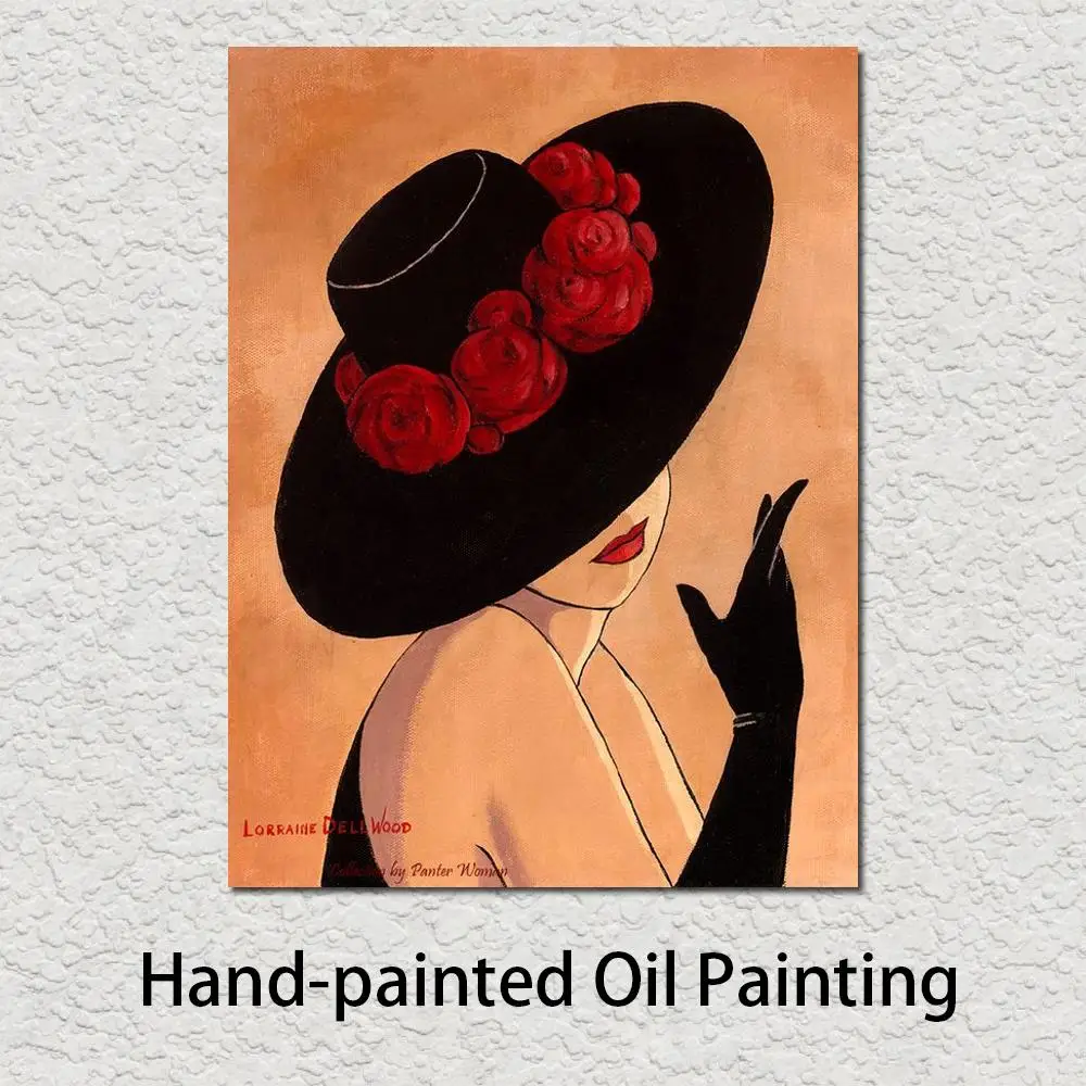 

Oil Art Portrait Paintings for Living Room Lady in Black Red Hat Hand-Painted Modern Art