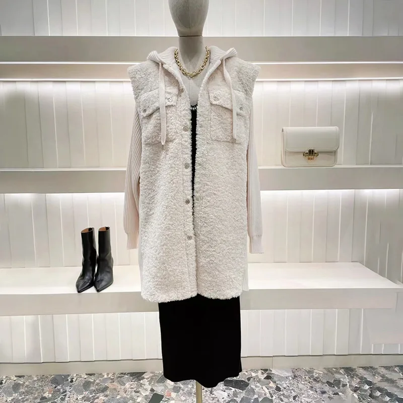 

Spring 2024 New Women Jacket Lambswool Patchwork Knitted Bubble Sleeve Ladies Sigle Breasted Drawstring Hooded Coat