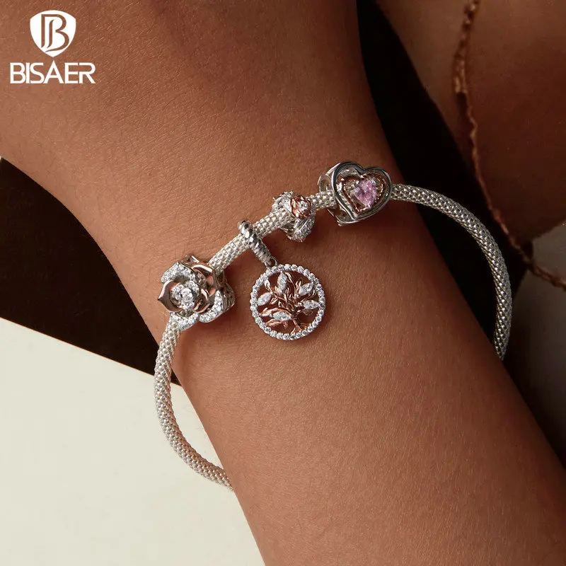 BISAER 928 Sterling Silver Charm Beads - European & U.S. Style, Family Tree, Lucky Hand, Heart & Tree Of Life With Cubic Zirconia - View #4