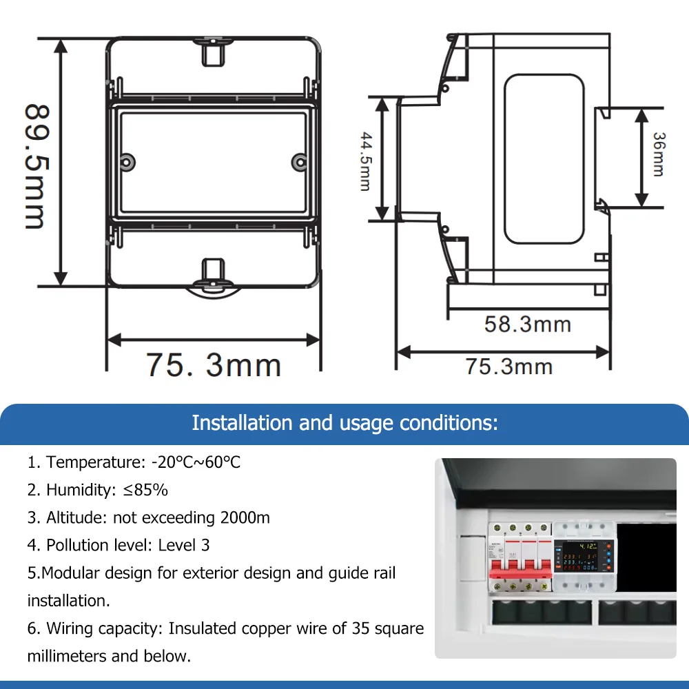 DEWIN Stroommeter met 3 fasen, digitale multifunctionele spanningsstroommeter met frequentie, energiemeter, 100 A AC 230 V