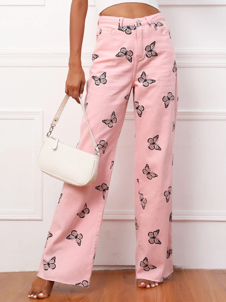 

Butterfly Printed Jeans Straight Leg Wide and Loose Pink Pants Woman Fashion Grunge Clothes Japanese Y2k Harajuku Trousers