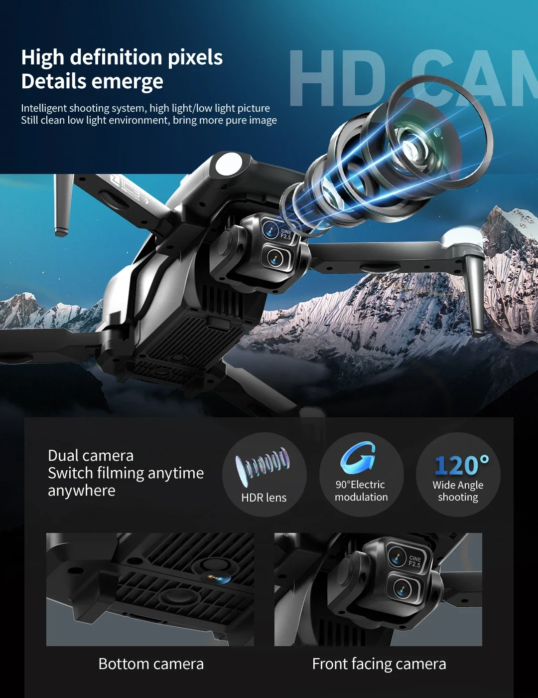 Drone in action flying over scenery