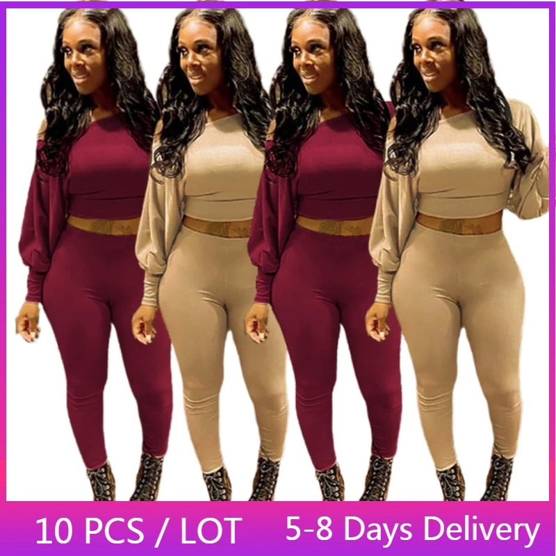 

Wholesale Items Spring Autumn Two Piece Set Women Elegant Solid Sweatsuits for Women Long Sleeve Crop Top Skinny Pants Set