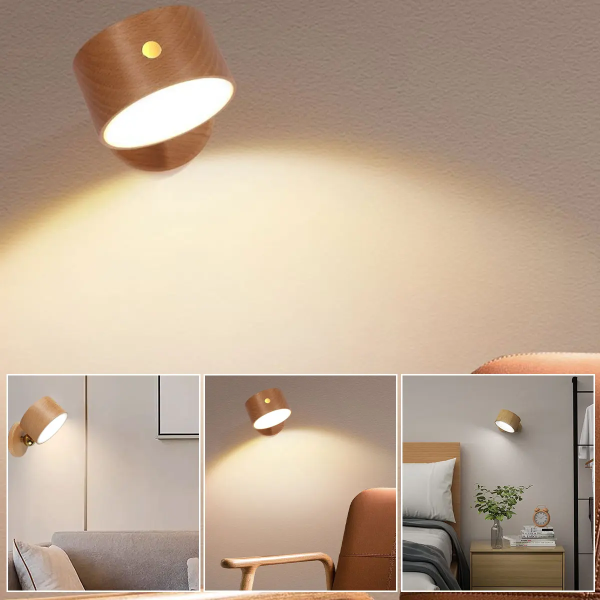 

Dimmable Touch Control Night Light Wood Wall Lamp USB Rechargeable Wall Sconces LED Wall Lamp 360°Rotate Bedroom Bedside Light