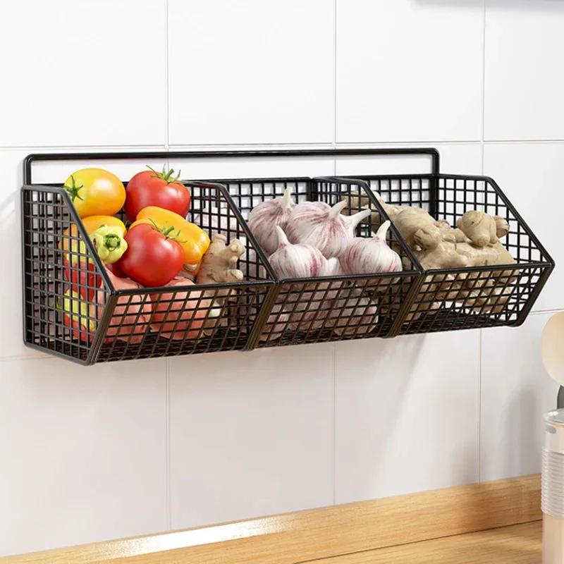 Kitchen Wall Mounted Storage Rack Onion Ginger Garlic Condiments Spice Kitchen Shelf Punch-Free Vegetable Fruit Drain Basket - 4