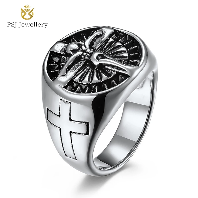 

PSJ Fashion Vintage Male Jewelry 18mm Silver / Gold Plated Crucifix Cross Carved Titanium Stainless Steel Finger Rings for Men