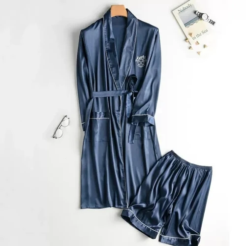 Spring/Summer Korean Version of Pajamas For Men Bathrobes Pajamas Men Summer Loose Fitting Thin Ice Silk Bathrobes Home Clothing 4