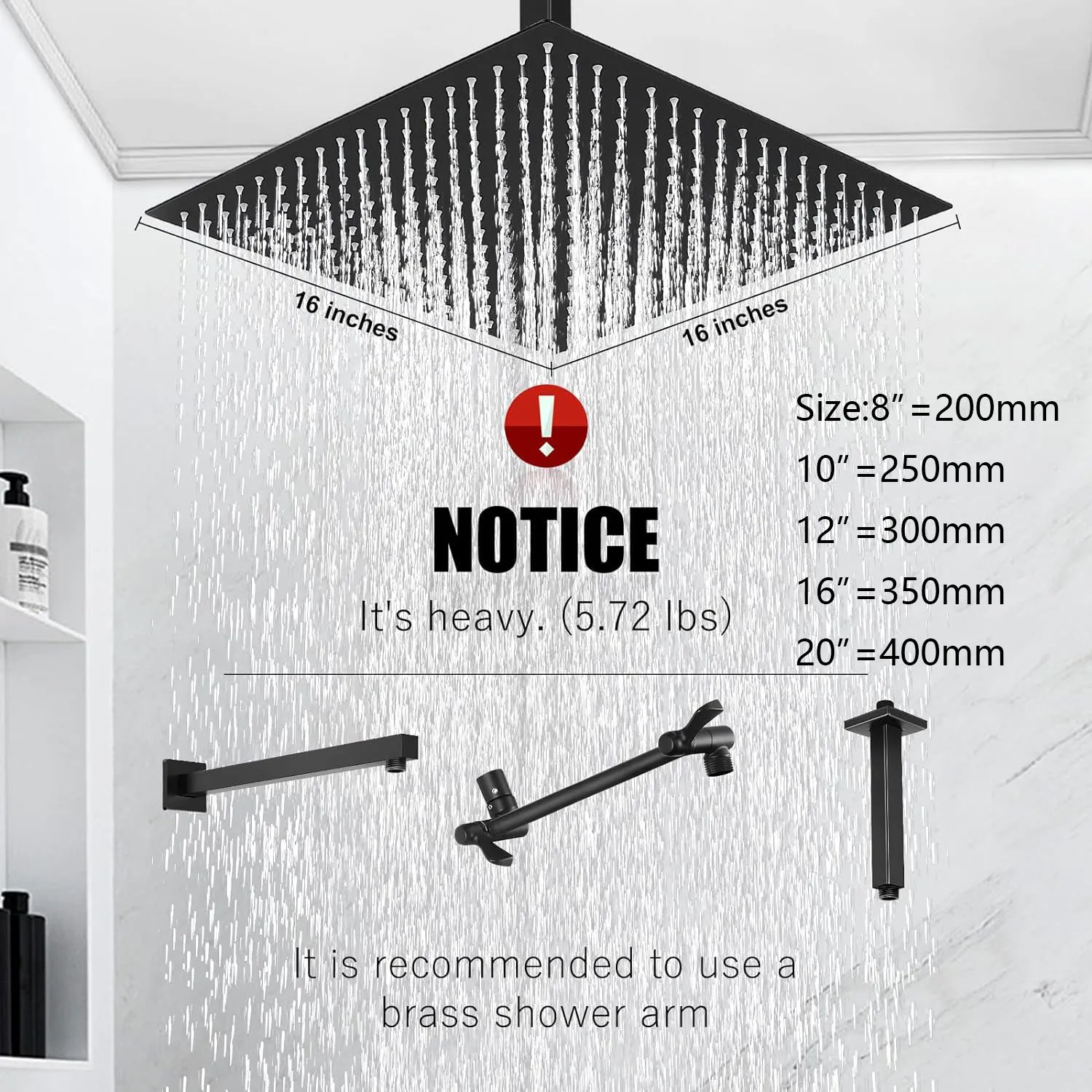 KEMAIDI Black Rainfall Shower Head High Pressure Square Stainless Steel Showerhead with Silicone Nozzle Ultra Thin Water Saving 2