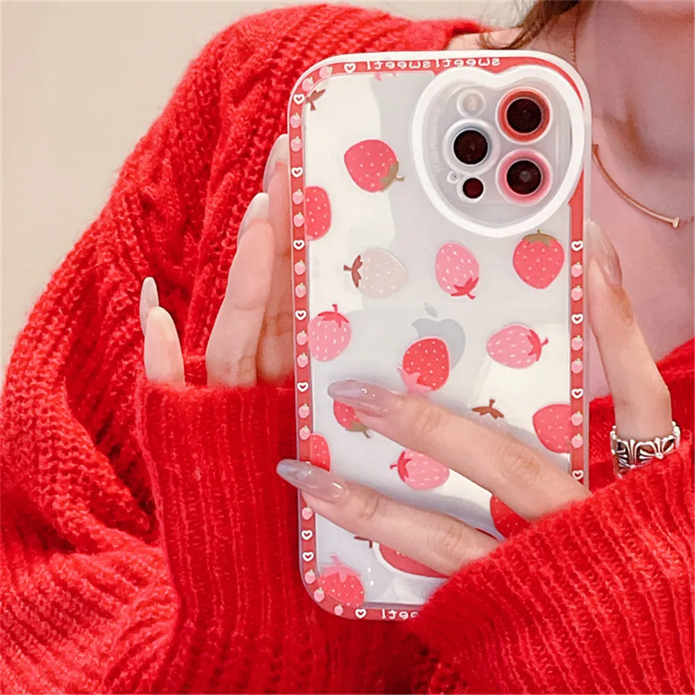 Lovely Cherry Strawberry Phone Case For iPhone 11 12 13 Pro Max XR XS Max X Love Heart Camera Protection Clear Silicone Bumper 13 pro max case