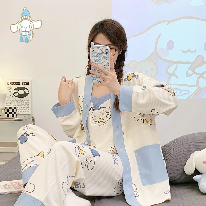 

Sanrios Cinnamoroll Весна-Осень новинка из чистого хлопка с тремя подтяжками Домашняя одежда Удобная, свободная и повседневная верхняя одежда