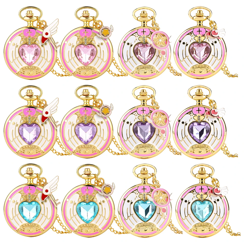 Heart Shaped Pink/Purple/Blue Stone Gold Quartz Necklace Watches Anime Student Girl Gift Elegant Charm Pendant Pocket Clock