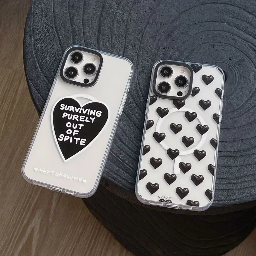 Acrylic Transparent Border Black Heart iPhone 13 15 14 Pro Max Protective Case, Fits iPhone 15 Pro Max