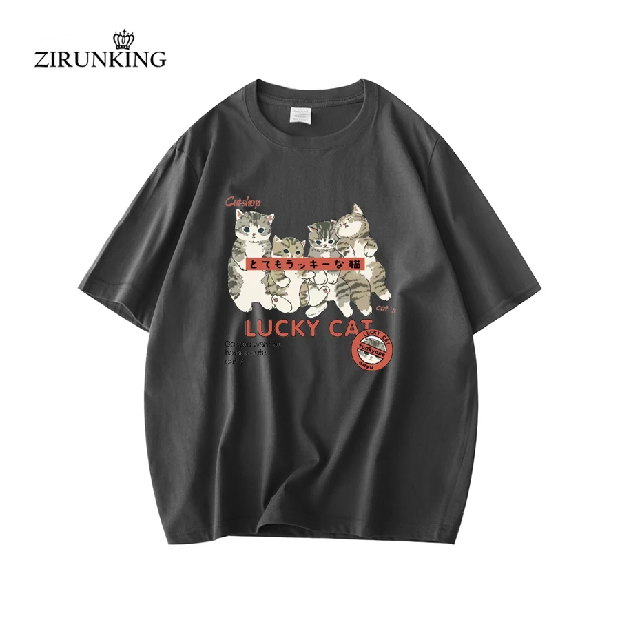 

ZIRUNKING-New Summer Loose Leisure Pullover Unisex Tops High Qualtity Cotton T-shirts Four Kittens Print Cute Style Tees Female