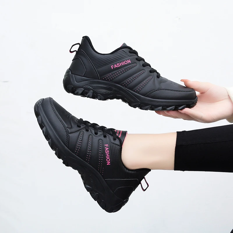 Women's Quality Leather Sneakers Casual Lightweight Sneakers Lace Up Trainers Comfortable Non-slip Flat Shoes Outdoor Hiking