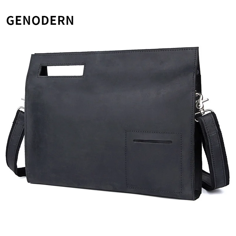 

GENODERN Vintage Genuine Leather File Bag Crazy Horse Leather Shoulder Messenger Bag Clutch Briefcase