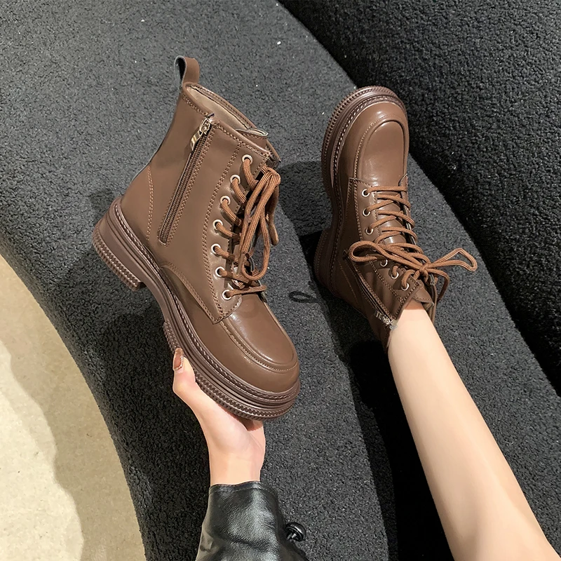 Shoes Female 2023 Non Slip Ankle Women's Boots Platform Modern Boots Women Side Zip Round Toe Lace Up Fretwork Heels Shoes Women