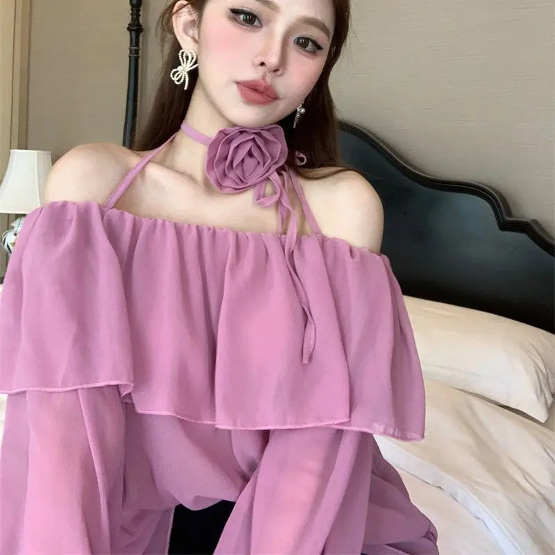 

HSA Floral Pink Blouse Women French Style Chic Slash Neck Flare Long Sleeve Off Shoulder Slim Ruffles Crop Tops Sexy Shirt Tops