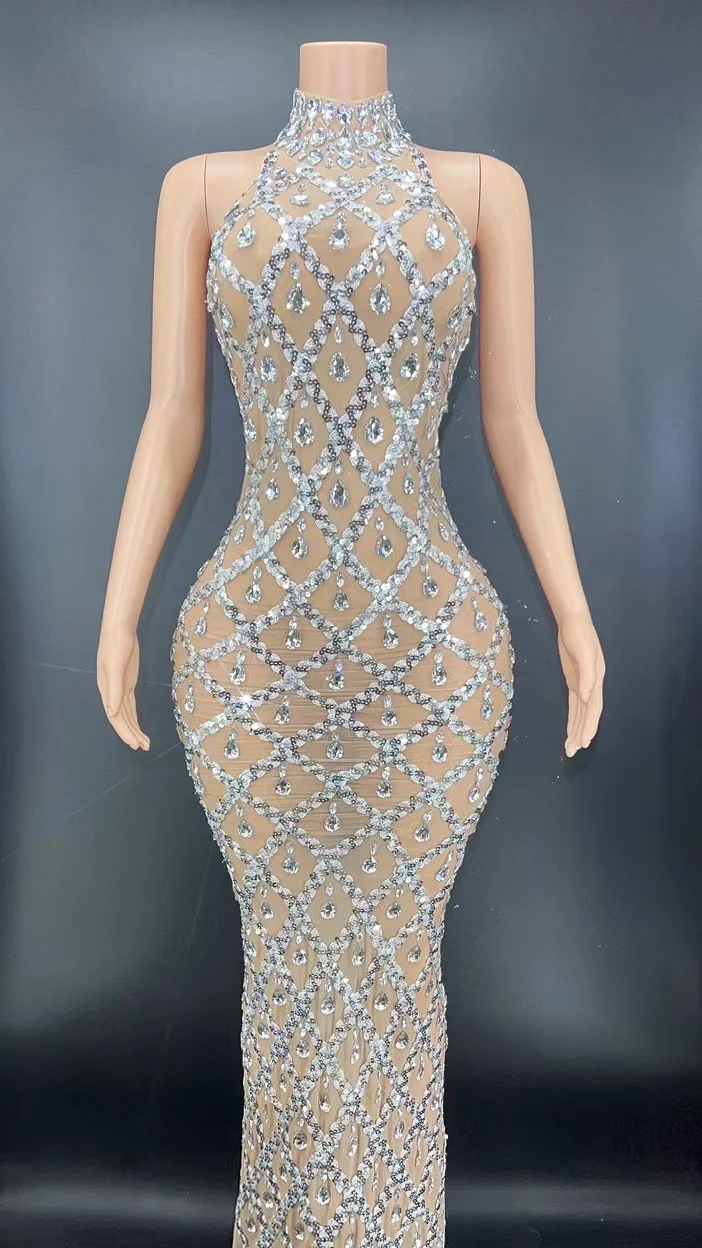 

Sparkly Sequins Sleeveless Birthday Dress Shiny Evening Celebrate Outfit Stretch Mesh Transparent Dress