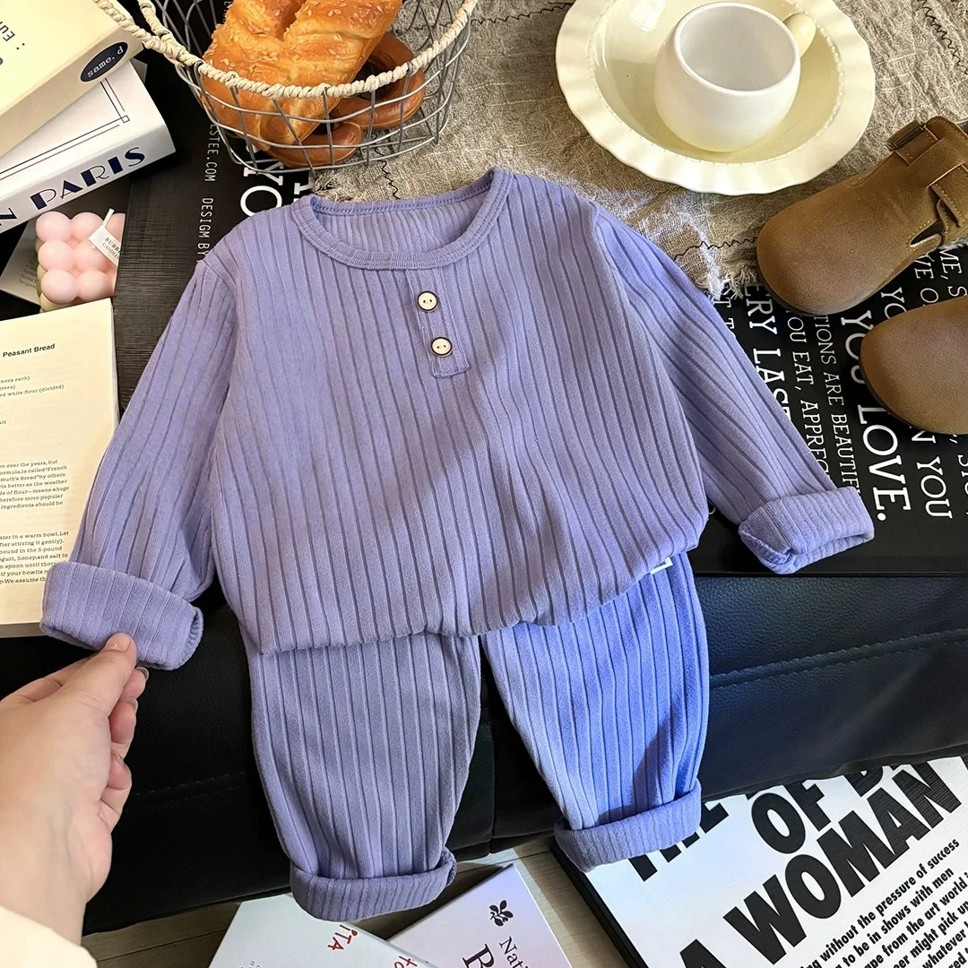 2Pcs Baby Ribbed Pajama Set Long Sleeve Buttoned Top and Pants Outfit Toddler Boys Girls Soft Cotton Sleepwear for Spring Autumn