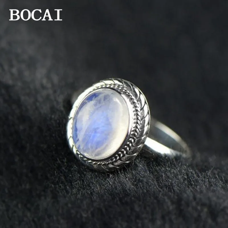 

BOCAI NEW S925 Silver Temperament Generous Sri Lanka Natural Moonlight Stone Ring