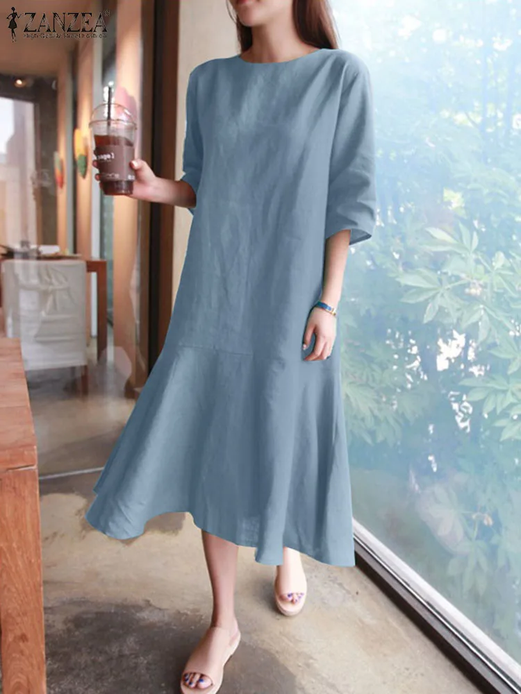 

ZANZEA Fashion Ruffles Hem Sundress Summer Short Sleeve Solid Color Robe Casual Solid Cotton Dress Woman Beach Dresses Oversized