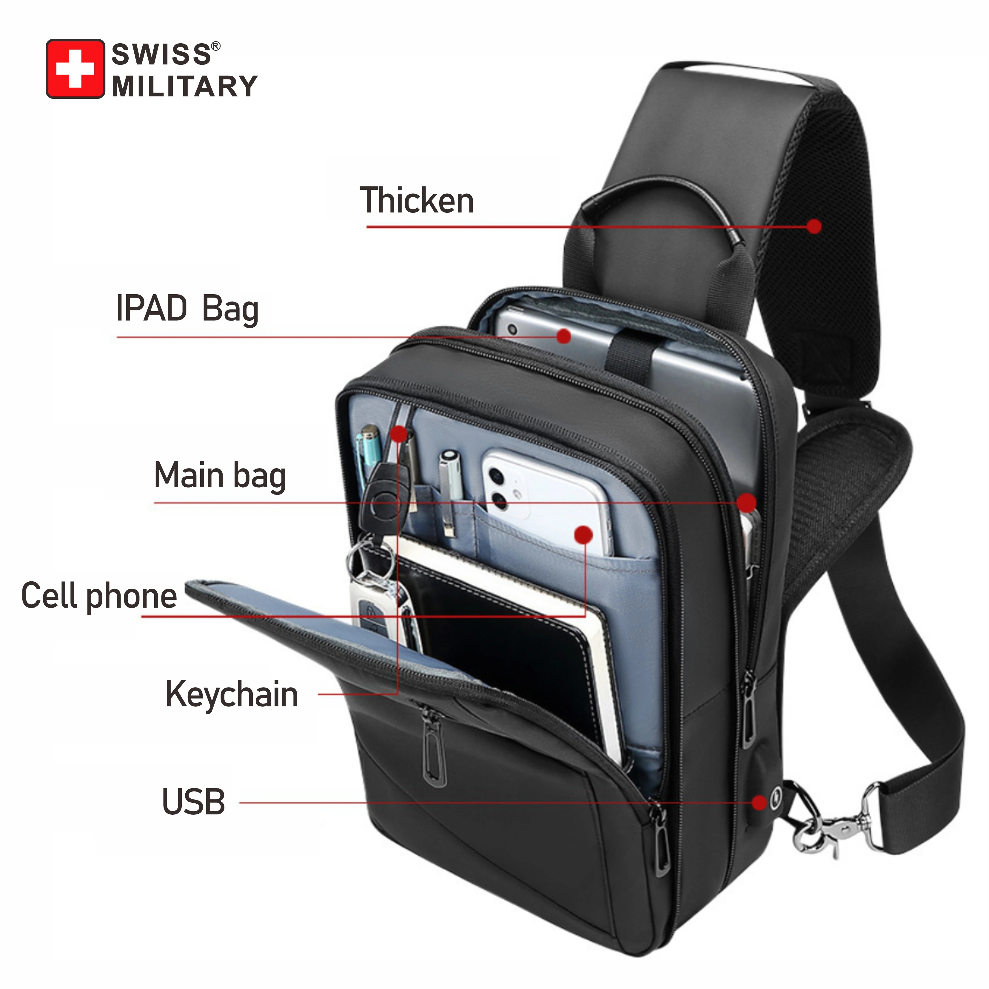 Borsa A Tracolla Ozuko Con Porta USB – Zaino Unisex In Nylon, Antifurto, Impermeabile, Adatta Per Tablet 24,6 Cm (35x22x11cm) - 4