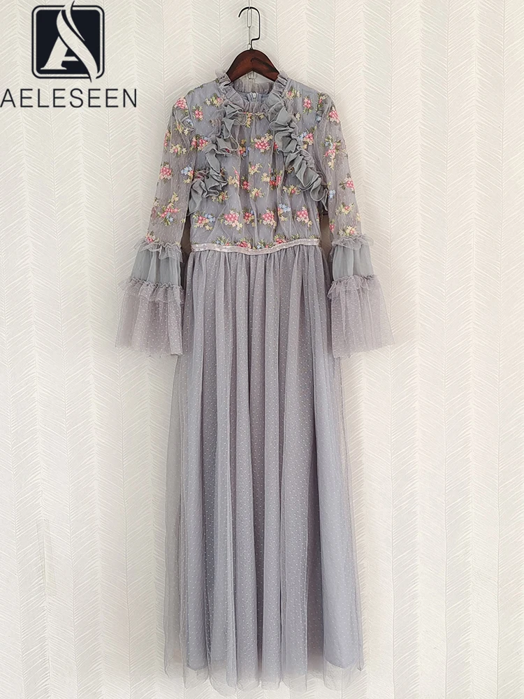 

Женское вечерние платье AELESEEN, весенне-летнее Сетчатое платье с расклешенными рукавами, оборками и цветочной вышивкой, длинное платье для выпускного вечера