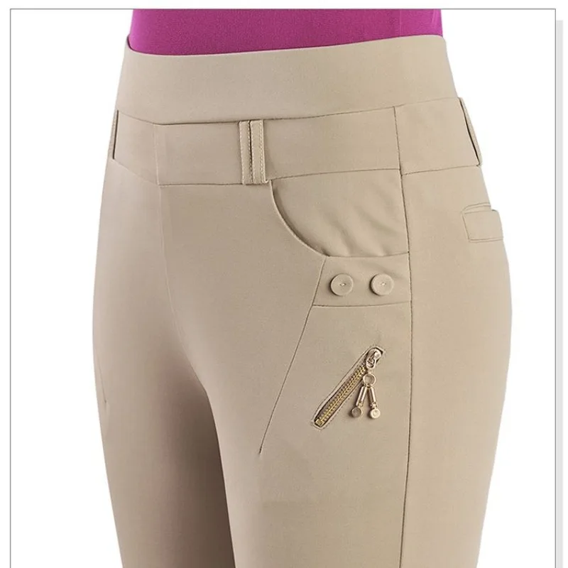 Women's 2024 Autumn and Winter Patchwork Button Zipper Elastic Waist Fashionable Solid Color Slim Fit Straight Leg Casual Pants