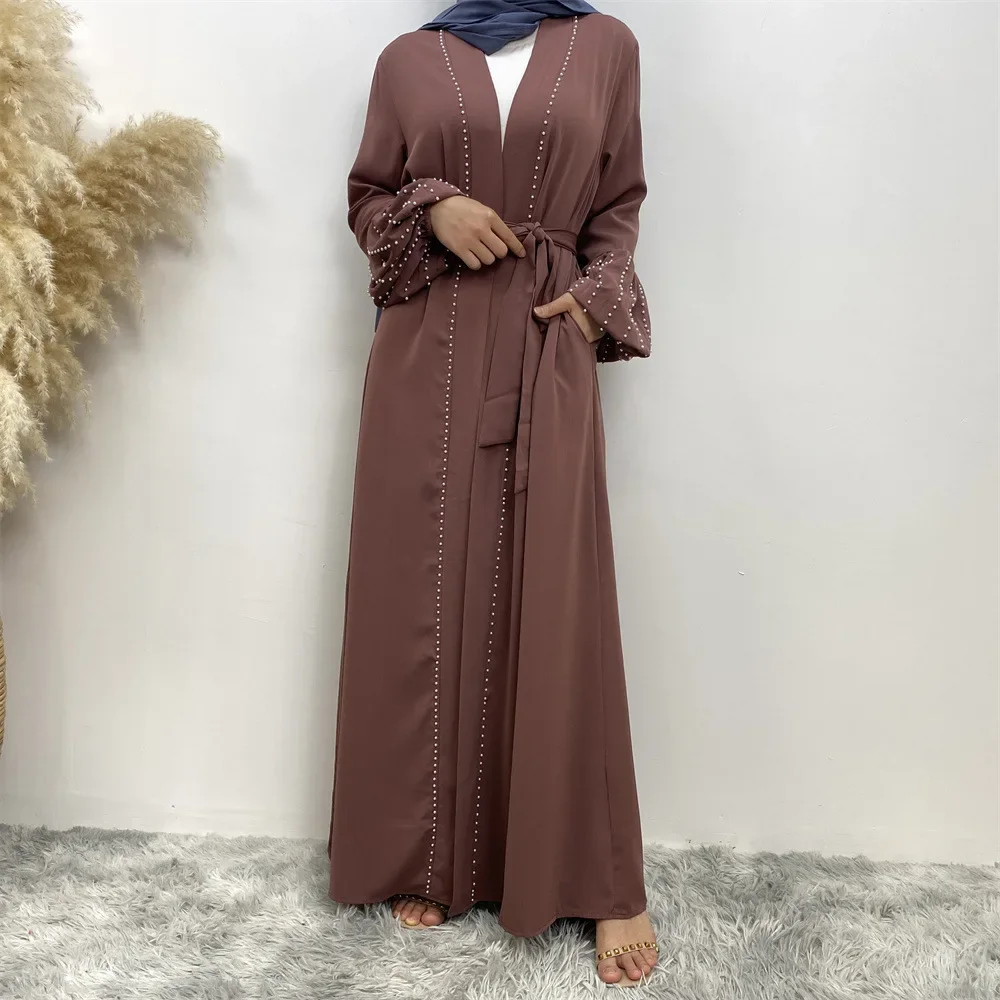 Abayas for Women Dubai 2024 Arabic Turkish Islamic Solid Color Beaded Lace-up Muslim Cardigan Robe Abaya Kimono Femme Musulmane