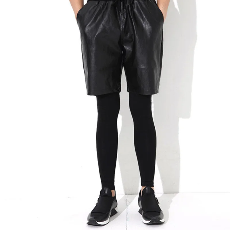 Men Soft Black Matte Faux Leather Straight Shorts Casual Loose Elastic PVC Trouser Night Club Sweat Pants 2024 Summer 5