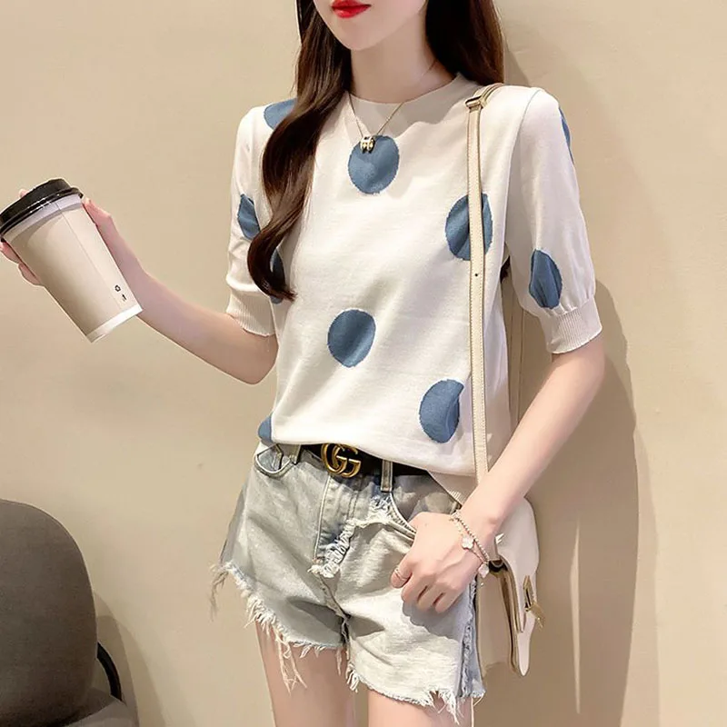Fashion O-Neck Short Sleeve Printed Polka Dot Blouse Women's Clothing 2023 Summer New Casual Pullovers Loose Korean Shirt