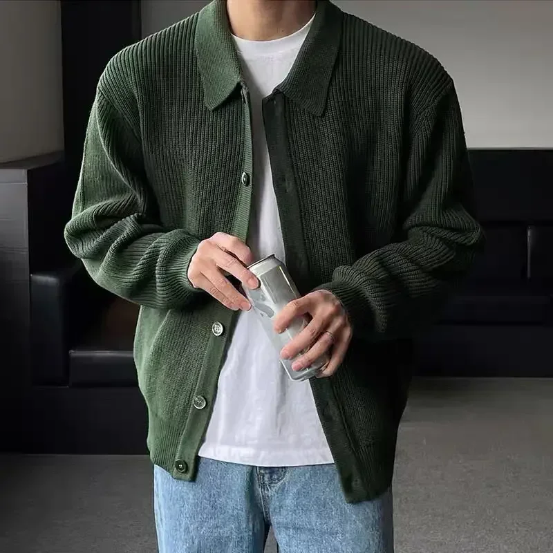 남성용 가디건 그린 니트 스웨터, 단색 일반 Y2k 빈티지 따뜻한 베스트 셀러, 남성 의류, 2023 오래된 트렌드