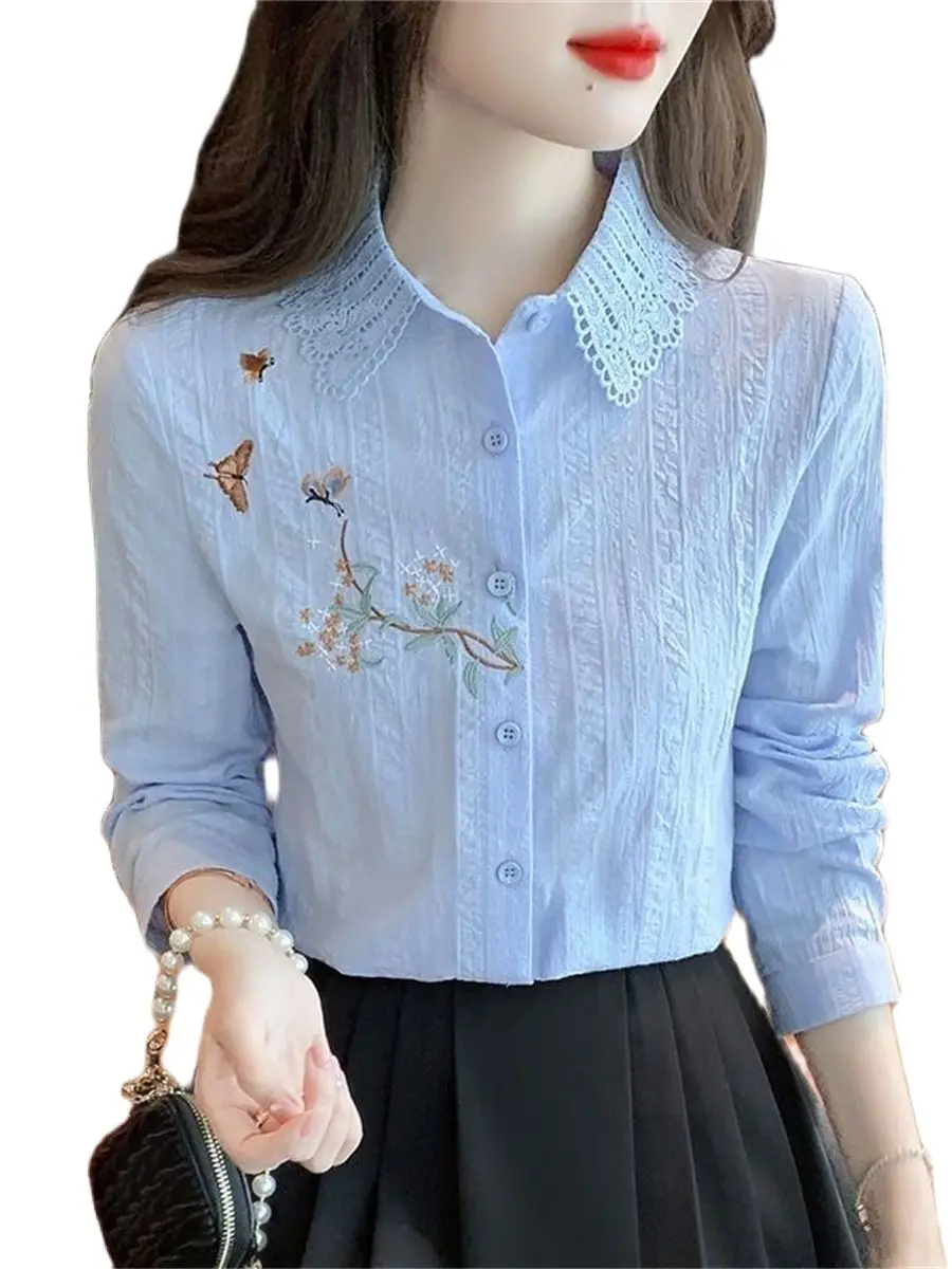 

Embroidered Women's Shirt Spring/Summer 2023 New Shirt Loose Casual Long Sleeve Fold Collar Solid Powder Blusher Shirt Versatile