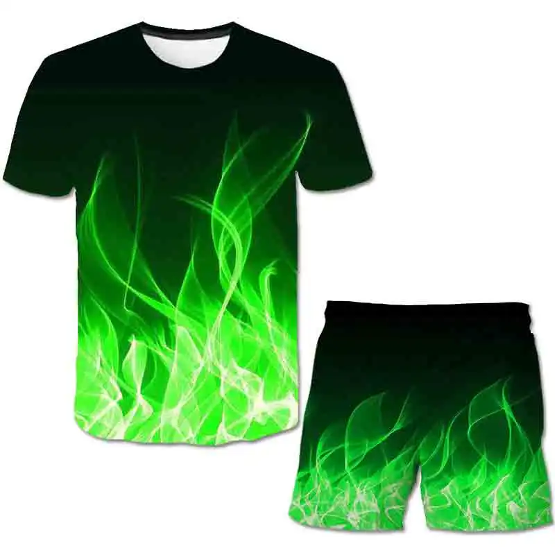 

Summer Kids Flame Set Boy Girl Cartoon Casual Short-sleeved Flame T Shirts Shorts 2pcs Suit Children 4-14 Yrs Flame Outfit