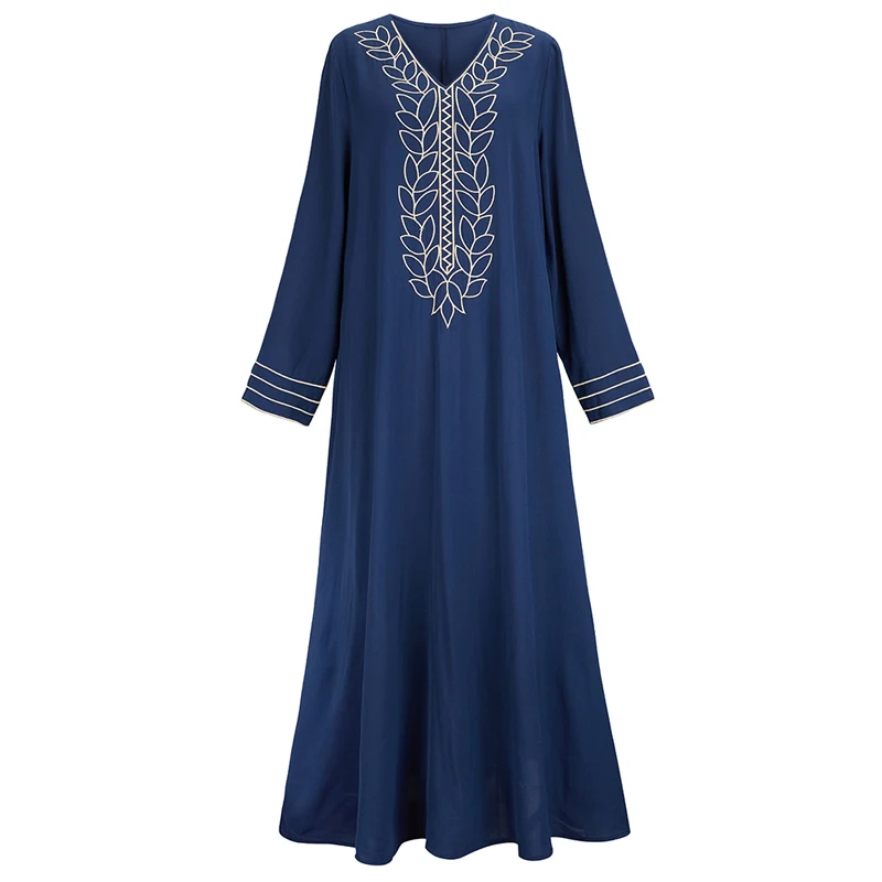 Muslim Embroidery Fashion Loose Evening Dress Vintage Women Embroidery Abaya Casual Long Sleeves V-Neck Blue Ladies Dresses