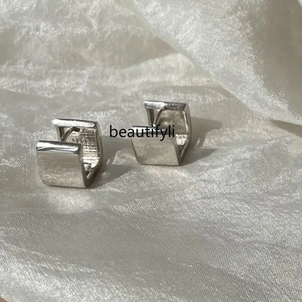 

yj Texture Small Sugar Cube 925 Sterling Silver White Gold Plated Stud Earrings Simple High Sense Frosty Style Earrings Ear Clip