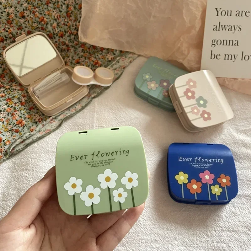 Ins Colored Flower Korean Women Contact Lens Case Portable Beauty Contact Lens Container Box with Mirror Tweezers Travel Box
