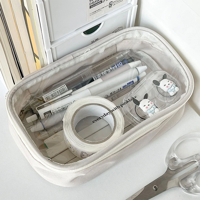 용량 학생 연필 파우치, 심플한 베이지 컬러 시리즈 연필 케이스, 투명 하이 문구 스크랩북 보관 가방