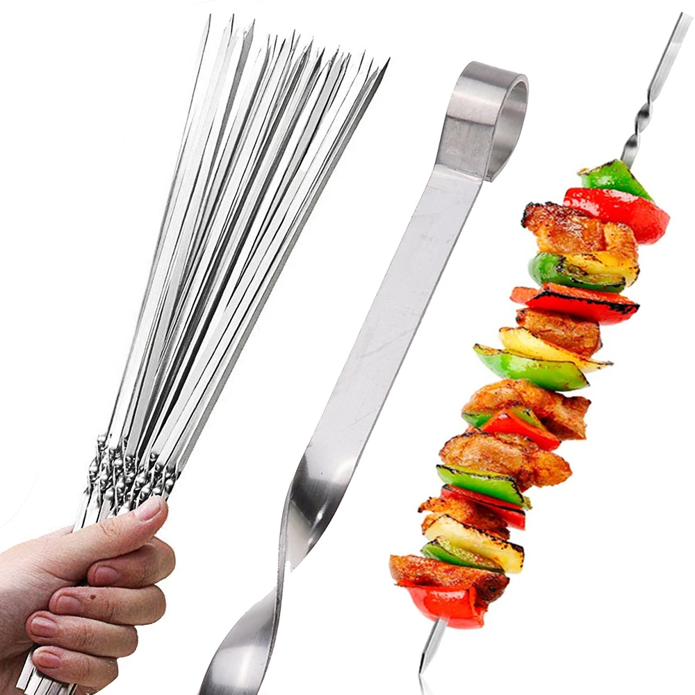 10pcs Stainless Steel Skewers For Barbecue Reusable Grill Skewers Shish Kebab BBQ Camping Flat Forks Gadgets Kitchen Accessories